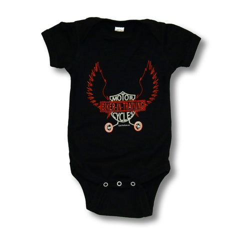 Biker-in-Training (orange print) - Baby onesie