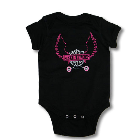 Biker-in-Training (pink print) - Baby onesie